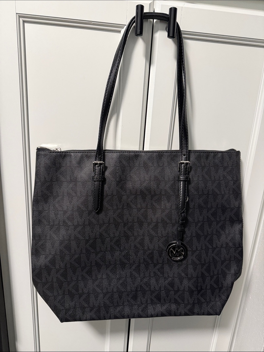 Michael Kors Black Logo Tote Bag- signature MK print; silver hardware